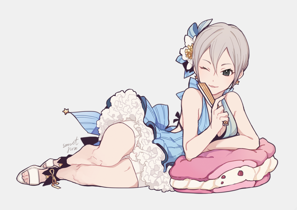 1girl black_bikini_top black_eyes blue_bow blue_dress bow breasts cleavage closed_fan dress earrings elbow_rest eyelashes fan flower folding_fan food grey_background grey_hair hair_bow hair_flower hair_ornament halter_dress holding holding_fan idolmaster idolmaster_cinderella_girls jewelry knees legs looking_at_viewer lying macaron on_side one_eye_closed parted_lips ruffled_skirt shiomi_shuuko shoe_bow shoes shorts shorts_under_dress signature snake_mouth solo sonnet_form star star_earrings thighs