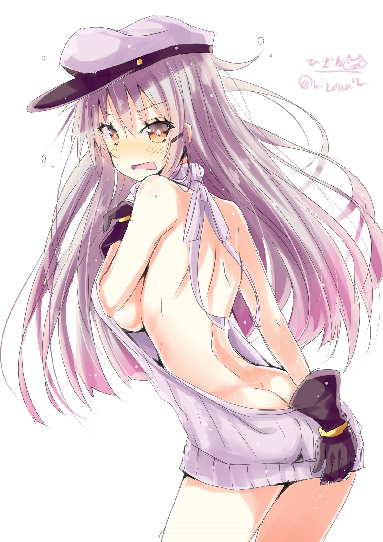 1girl ass black_gloves blush breasts butt_crack dress flat_cap gangut_(kantai_collection) gloves grey_hair hair_between_eyes hat highres hizaka kantai_collection large_breasts long_hair looking_at_viewer military military_hat military_uniform naval_uniform no_bra peaked_cap red_eyes remodel_(kantai_collection) scar scar_on_cheek short_dress solo underwear uniform virgin_killer_sweater wool_dress