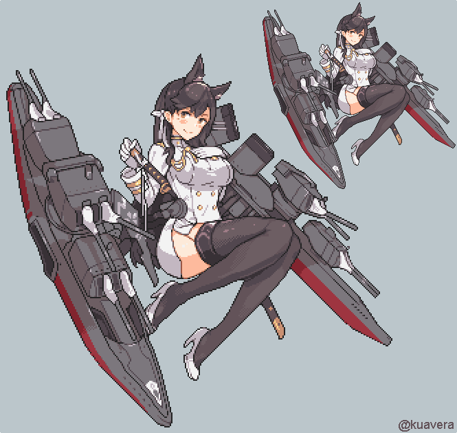 aiguillette animal_ears atago_(azur_lane) azur_lane bangs blush_stickers breasts closed_mouth double-breasted full_body gloves greyscale hair_ribbon hand_on_own_chest high_heels invisible_chair katana kuavera large_breasts long_hair long_sleeves machinery military military_uniform miniskirt monochrome pixel_art ribbon sheath sheathed sitting skirt smile solo sword thigh-highs turret twitter_username uniform very_long_hair weapon weapon_on_back white_footwear white_gloves white_ribbon white_skirt zettai_ryouiki zoom_layer