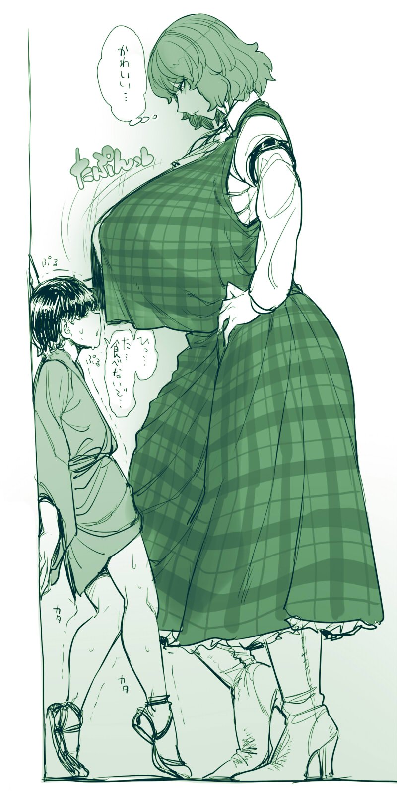 1boy 1girl against_wall boots breasts crop_top crop_top_overhang gigantic_breasts groin_attack hair_over_eyes hands_on_hips height_difference high_heel_boots high_heels highres kazami_yuuka kneeing long_skirt monochrome plaid plaid_skirt short_hair skirt space_jin thought_bubble touhou translated