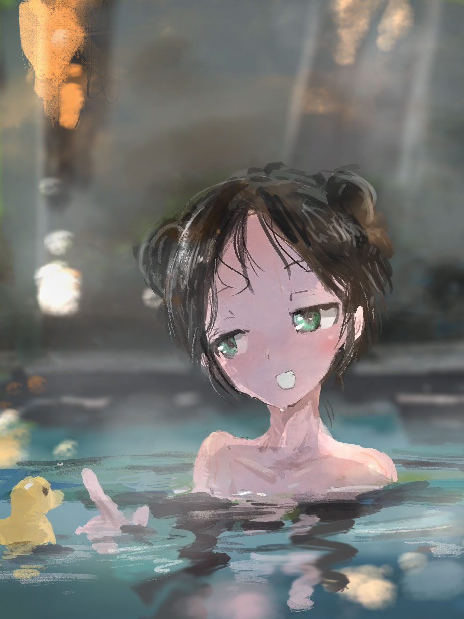 1girl alternate_costume bathing black_hair blurry collarbone double_bun fang francesca_lucchini green_eyes grin hair_up highres kabuyama_kaigi looking_to_the_side nude onsen rubber_duck sketch smile solo strike_witches upper_body water wet wet_hair world_witches_series