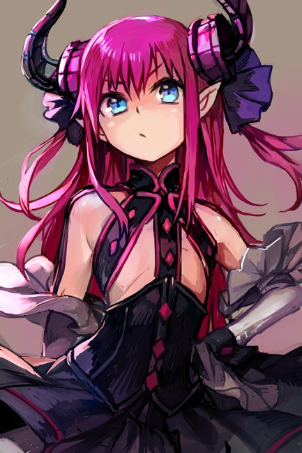 1girl bare_shoulders black_dress black_gloves blue_eyes closed_mouth detached_sleeves dress fate/extra fate/extra_ccc fate/grand_order fate_(series) flat_chest gloves grey_background hand_on_hip hankuri horn_ornament horns lancer_(fate/extra_ccc) long_hair looking_at_viewer pink_hair pointy_ears simple_background solo upper_body