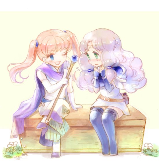 2girls armor blue_eyes blush chibi dress fingerless_gloves fire_emblem fire_emblem:_rekka_no_ken florina gloves jewelry kuzumosu long_hair multiple_girls one_eye_closed open_mouth pegasus_knight purple_hair serra smile thigh-highs twintails wand