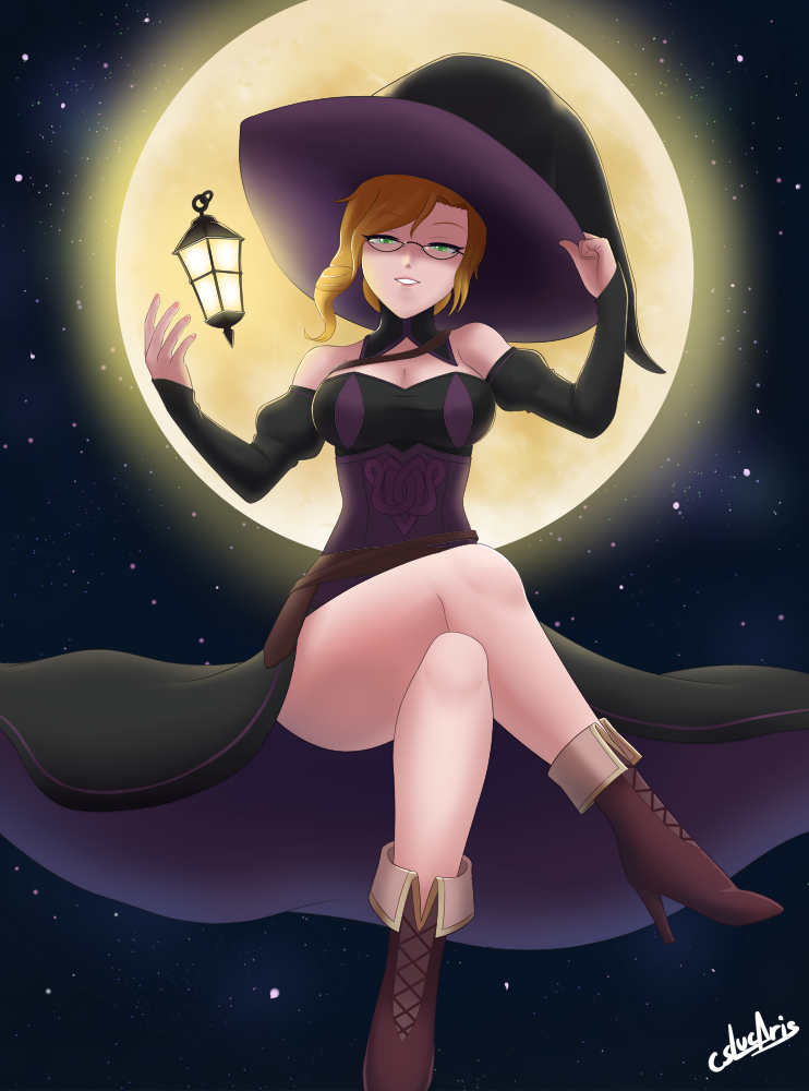 1girl artist_name bare_shoulders boots breasts cleavage cslucaris detached_sleeves floating full_moon glasses glynda_goodwitch hat high_heel_boots high_heels lantern large_breasts legs_crossed moon rwby sky solo star_(sky) starry_sky thighs witch_hat
