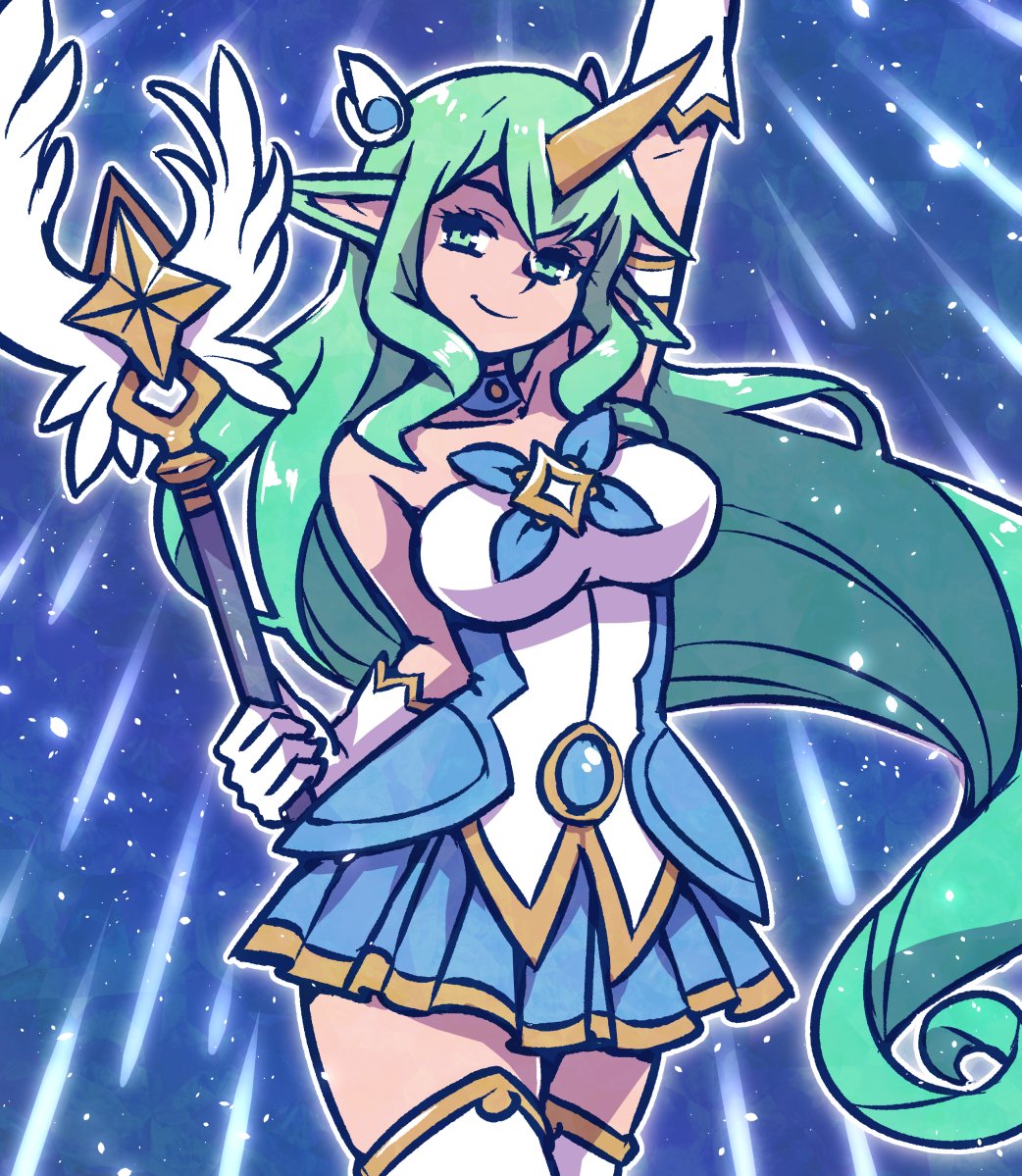 1girl akairiot alternate_costume bare_shoulders boots breasts choker commentary gloves green_eyes green_hair hair_ornament horn league_of_legends long_hair magical_girl medium_breasts pointy_ears skirt smile solo soraka staff star_guardian_soraka strapless thigh-highs thigh_boots very_long_hair white_footwear white_gloves