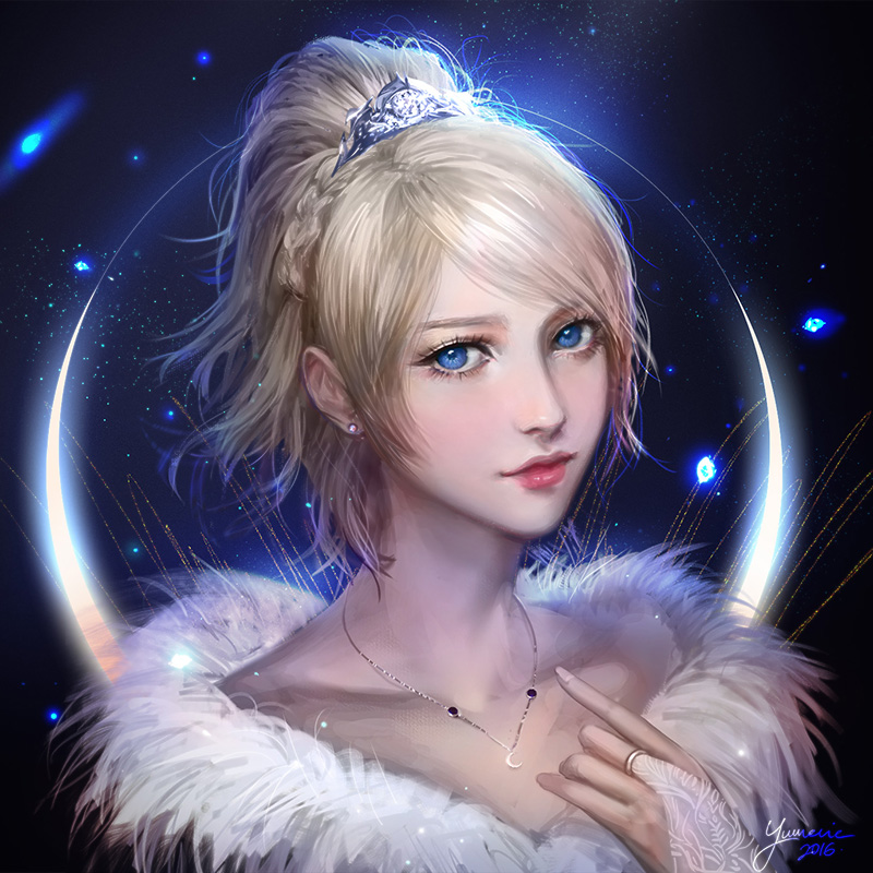 1girl 2016 blonde_hair blue_eyes braid breasts dress felia_hanakata final_fantasy final_fantasy_xv jewelry lipstick looking_at_viewer lunafreya_nox_fleuret makeup necklace short_hair signature solo