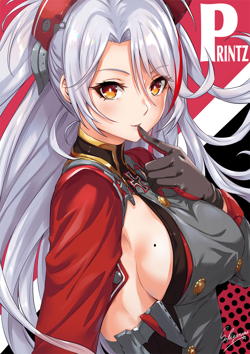 1girl azur_lane blush breasts character_name commentary_request engrish eyebrows_visible_through_hair eyes_visible_through_hair finger_to_mouth gloves hair_between_eyes headgear long_hair long_sleeves looking_at_viewer mole mole_on_breast parted_lips prinz_eugen_(azur_lane) ranguage sakiyamama sideboob signature silver_hair smile solo upper_body yellow_eyes