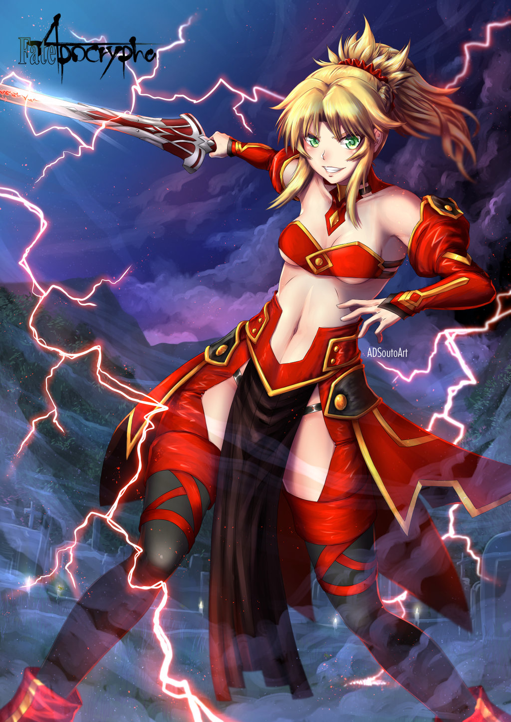 adsouto artist_name bare_shoulders blonde_hair breasts clarent cleavage copyright_name detached_sleeves fate/apocrypha fate_(series) green_eyes highres lightning medium_breasts navel ponytail red_scrunchie saber_of_red thigh-highs thighs v-shaped_eyebrows wide_stance