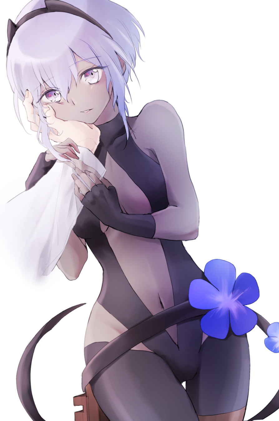 1girl arm_holding assassin_(fate/prototype_fragments) bare_shoulders breasts center_opening cleavage dark_skin eyebrows_visible_through_hair eyes_visible_through_hair fate/grand_order fate_(series) fingerless_gloves flower gloves groin hair_between_eyes hairband halterneck hand_on_another's_face hands_up head_tilt highres leg_strap light_blush looking_at_viewer medium_breasts navel parted_lips pov pov_hands pralire purple_hair short_hair side_cutout sidelocks simple_background solo_focus tareme violet_eyes white_background