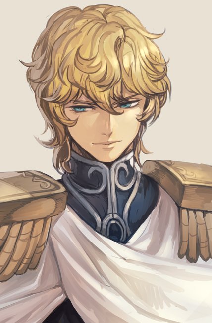 1boy bangs blonde_hair blue_eyes cape closed_mouth curly_hair epaulettes ginga_eiyuu_densetsu grey_background hair_between_eyes hankuri looking_to_the_side male_focus reinhard_von_lohengramm simple_background solo upper_body white_cape