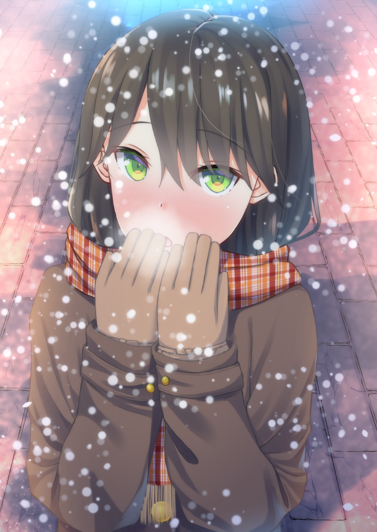 1girl blush brown_gloves brown_hair coat gloves green_eyes heavy_breathing long_hair looking_at_viewer original scarf snow solo symfo winter_clothes winter_coat