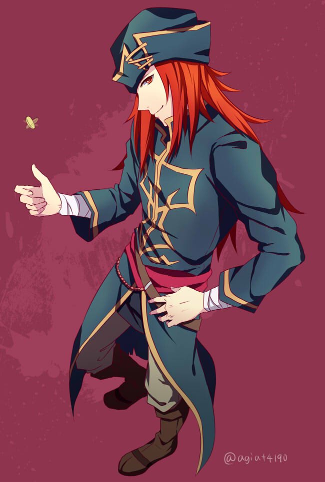 1boy bandage fire_emblem fire_emblem:_seima_no_kouseki fire_emblem_heroes hat joshua_(fire_emblem) kazame long_hair looking_at_viewer male_focus red_eyes redhead smile solo