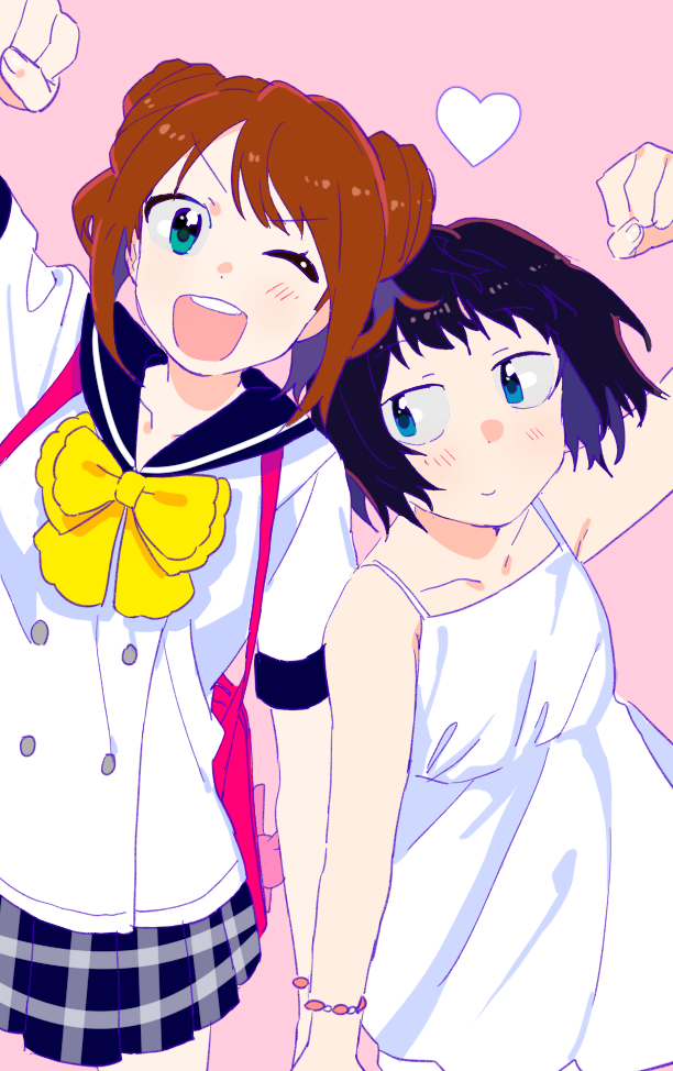 1boy 1girl aqua_eyes black_hair blue_eyes blush double-breasted double_bun hand_holding heart idolmaster idolmaster_side-m looking_at_another mizushima_saki one_eye_closed pink_background producer_(idolmaster) sailor_collar sailor_shirt shirt simple_background trap twintails yagami_nao