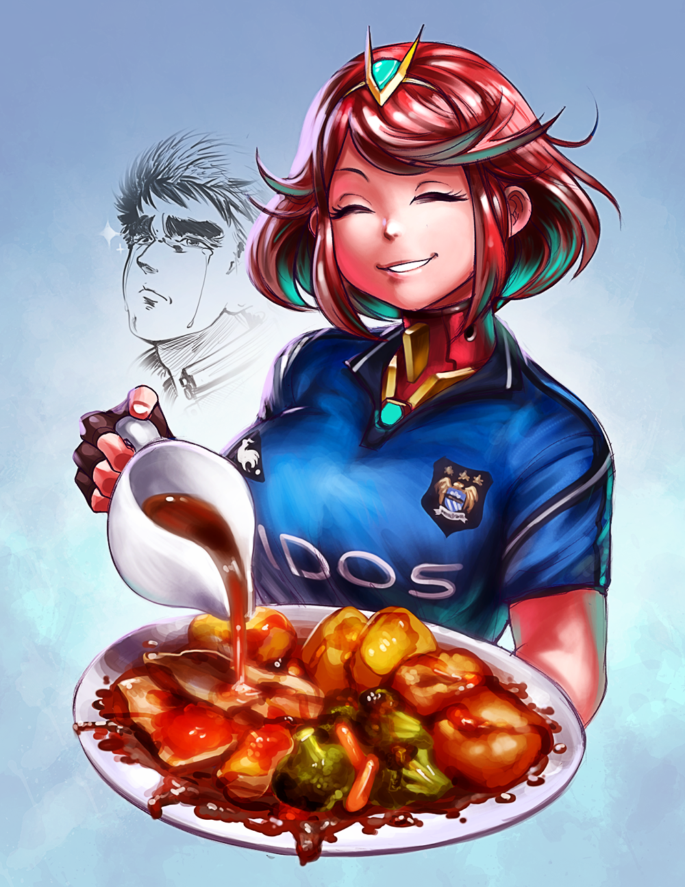 1girl ^_^ amano-g breasts closed_eyes commentary eyelashes fingerless_gloves food forehead_jewel gloves gravy gravy_boat highres pyra_(xenoblade) large_breasts lips redhead short_hair smile soccer_uniform solo_focus sportswear tiara xenoblade xenoblade_2