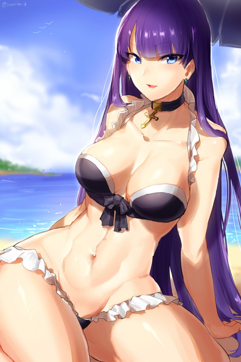 1girl arm_support bangs bare_arms bare_shoulders beach bikini bird black_bikini black_choker blue_eyes blue_sky blunt_bangs blush breasts choker clouds cross cross_necklace earrings eyebrows_visible_through_hair fate/grand_order fate_(series) frilled_bikini frills highres jewelry large_breasts long_hair looking_at_viewer navel necklace ocean outdoors parasol parted_lips purple_hair saint_martha saint_martha_(swimsuit_ruler)_(fate) sand seagull sitting sky smile solo suurin_(ksyaro) swimsuit umbrella very_long_hair water