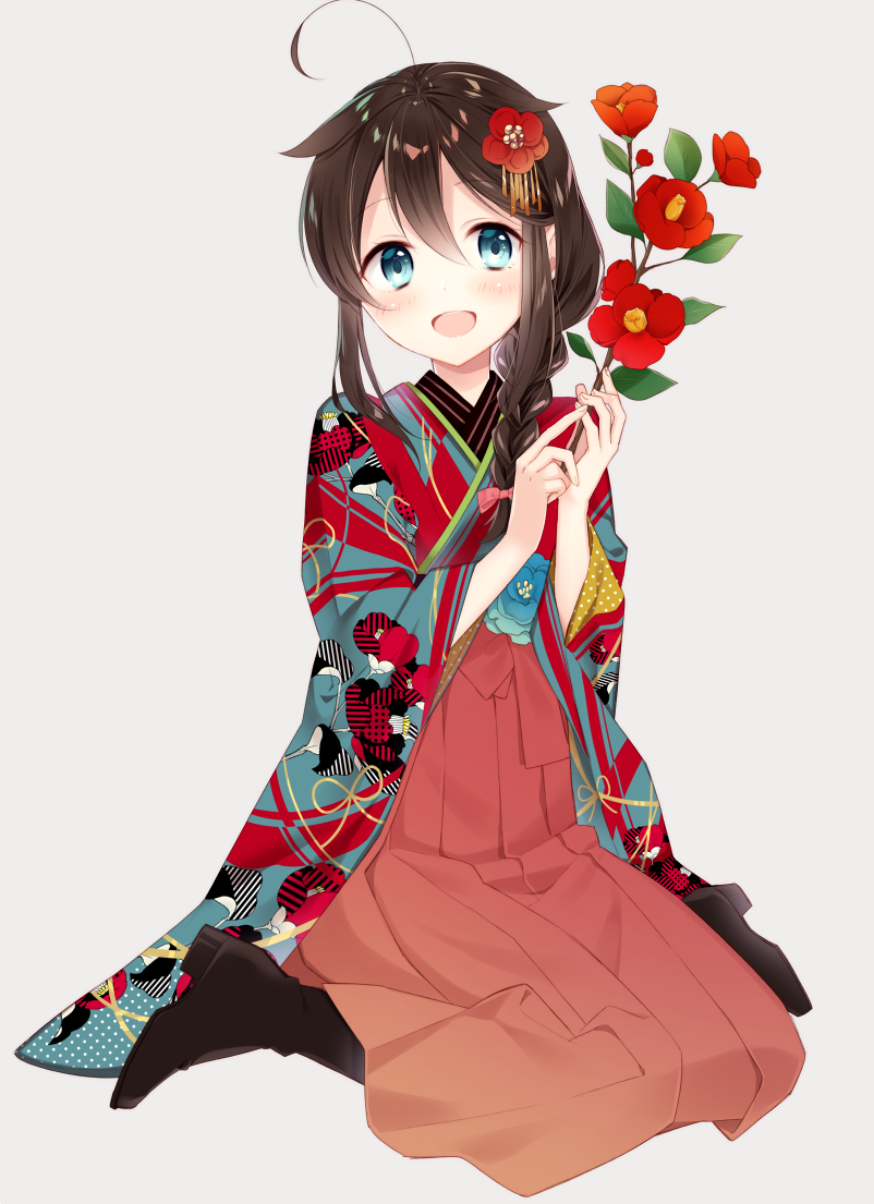 1girl ahoge alternate_costume black_hair blue_eyes boots braid camellia flower full_body grey_background hair_flaps hair_flower hair_ornament hair_over_shoulder hakama japanese_clothes kantai_collection kimono looking_at_viewer naoto_(tulip) open_mouth pink_hakama red_flower remodel_(kantai_collection) shigure_(kantai_collection) simple_background single_braid smile solo