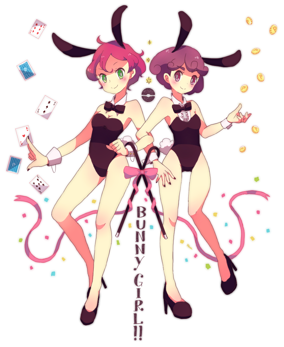 2girls 33lol animal_ears black_nails black_neckwear blush bow breasts bunny_tail bunnysuit cabernet_(pokemon) cane card confetti green_eyes high_heels langley_(pokemon) locked_arms looking_at_viewer money multiple_girls nail_polish pink_bow pink_ribbon playing_card pokeball_symbol pokemon pokemon_(anime) purple_hair rabbit_ears ribbon short_hair small_breasts smile standing tail violet_eyes wrist_cuffs