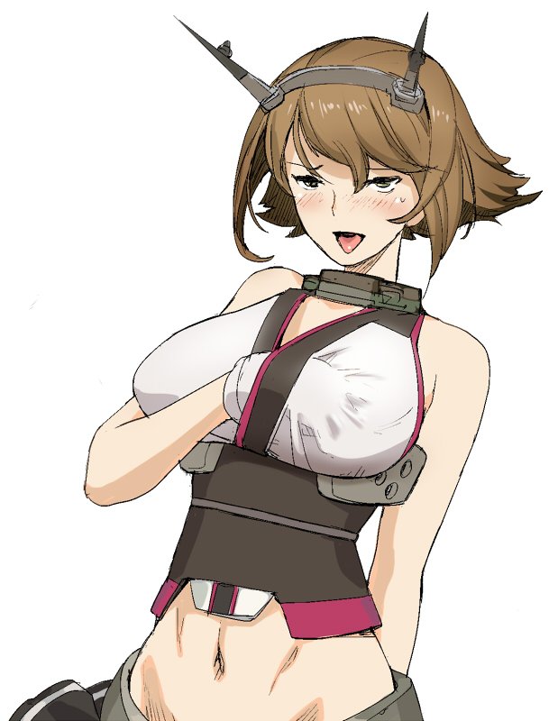 1girl a1 arm_behind_back bangs black_skirt blush breasts brown_eyes brown_hair collar flipped_hair gloves hair_between_eyes hand_under_clothes headgear kantai_collection large_breasts looking_at_viewer midriff miniskirt mutsu_(kantai_collection) pleated_skirt short_hair simple_background sketch skirt solo striped striped_skirt tongue tongue_out upper_body white_background white_gloves