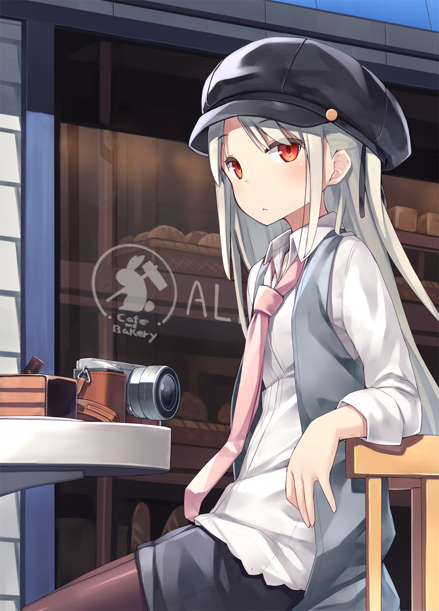 1girl bakery bangs black_shorts blush brown_legwear cabbie_hat cake camera chair closed_mouth commentary_request day eyebrows_visible_through_hair food grey_hair hat highres long_hair long_sleeves looking_at_viewer necktie open_clothes open_vest original outdoors pantyhose pink_neckwear poco_(asahi_age) red_eyes shirt shop shorts sidelocks single-lens_reflex_camera sitting sleeves_past_elbows sleeves_rolled_up solo table vest white_hair white_shirt