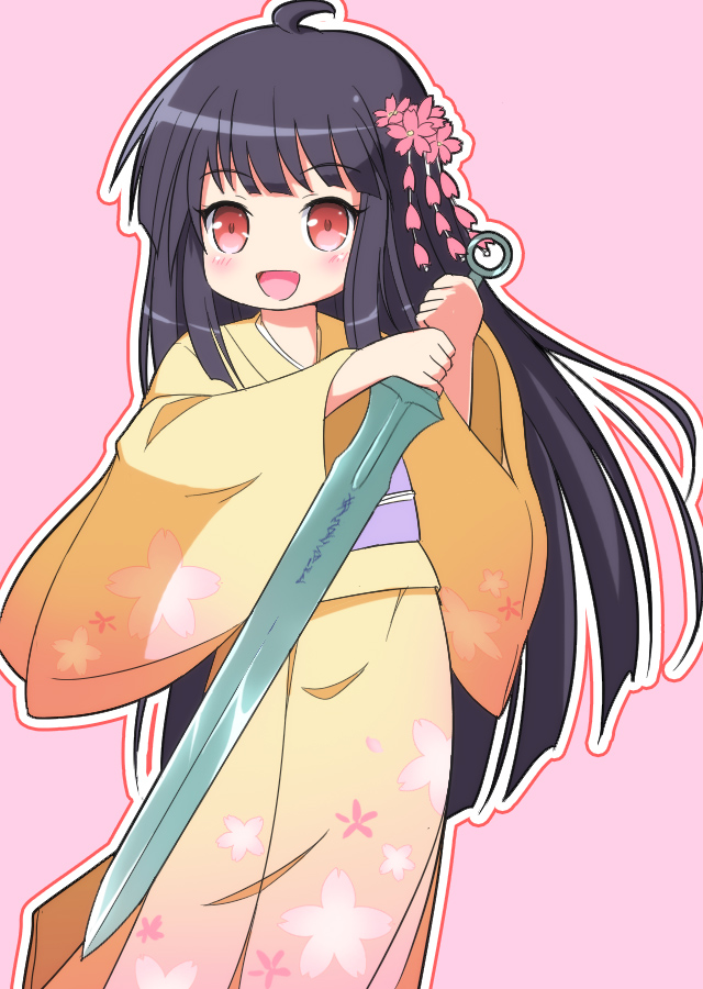 1girl :d ahoge bangs black_hair blunt_bangs blush eyebrows_visible_through_hair floral_print flower hair_flower hair_ornament holding holding_sword holding_weapon japanese_clothes kimono long_hair long_sleeves looking_away nekono_rin obi open_mouth original pink_background pink_flower print_kimono red_eyes sash simple_background smile solo sword two-handed very_long_hair weapon wide_sleeves yellow_kimono