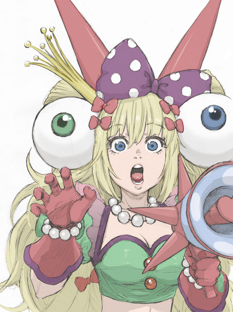 1girl :o bangs blonde_hair blue_eyes bobbles bow bracelet breasts cleavage coelacanth_(gyotaku) collarbone crop_top crown eyeball eyeball_hair_ornament eyebrows eyebrows_visible_through_hair eyelashes facing_away fake_horns gloves green_shirt hair_between_eyes hair_bow hair_ornament heart holding horns jewelry lips long_hair looking_at_viewer medium_breasts megaphone midriff mini_crown necklace nose open_mouth palms pearl_bracelet pearl_necklace polka_dot polka_dot_bow puffy_short_sleeves puffy_sleeves purple_bow raised_eyebrows red_bow red_gloves shirt short_sleeves sidelocks simple_background solo spikes sylvie_paula_paula tareme teeth the_king_of_fighters the_king_of_fighters_xiv tongue twintails upper_body very_long_hair wavy_hair white_background wide-eyed