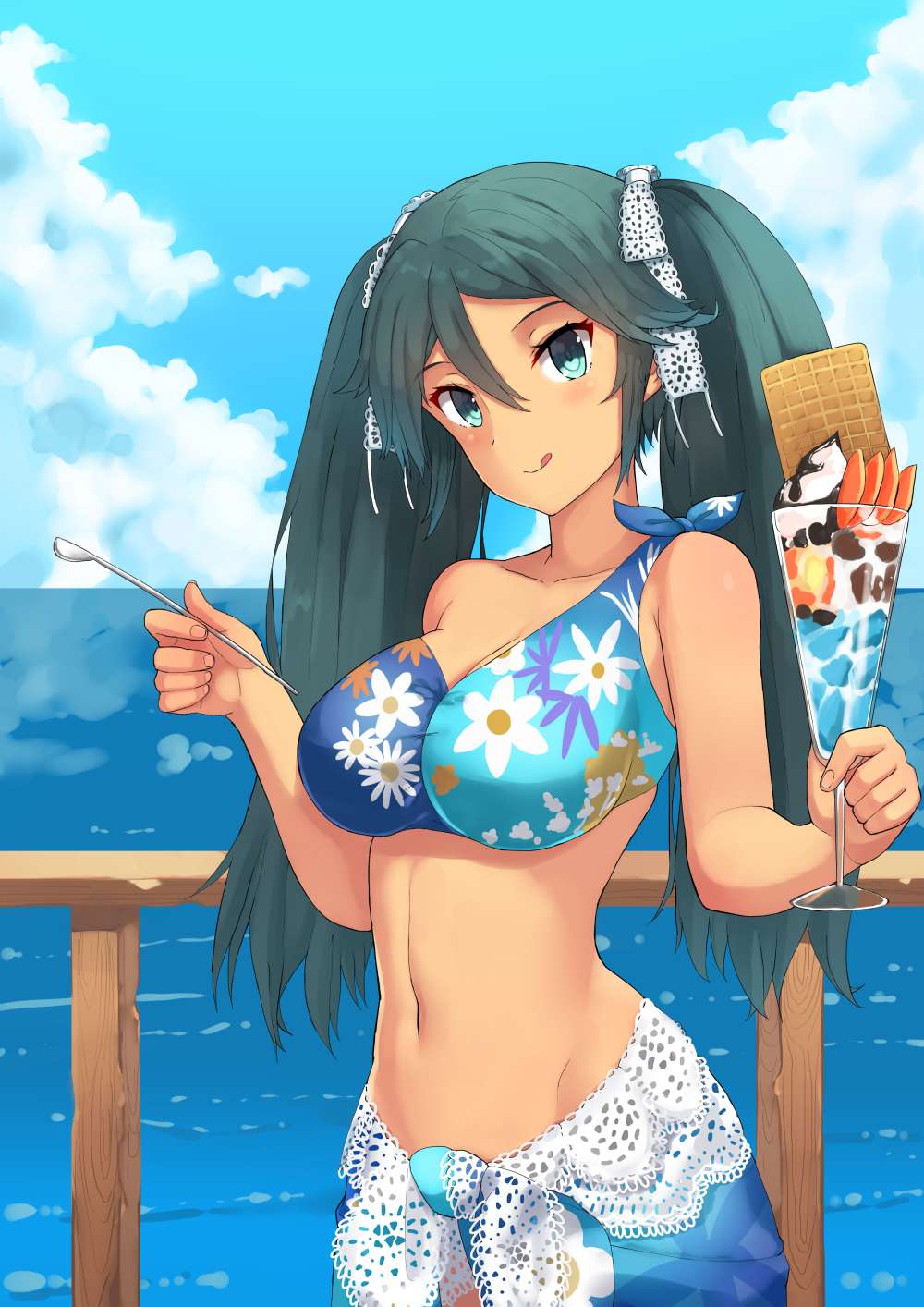 1girl :q aqua_hair asymmetrical_clothes bare_arms bare_shoulders bikini bikini_top blue_bikini blue_eyes blue_sky blush breasts cleavage closed_mouth clouds collarbone cowboy_shot cup day drinking_glass floral_print food hair_between_eyes hair_ribbon highres holding holding_drinking_glass holding_spoon horizon ice_cream isuzu_(kantai_collection) kantai_collection large_breasts long_hair looking_at_viewer navel ocean outdoors railing ribbon sarong single_strap sky soil_chopsticks solo standing stomach sundae swimsuit tongue tongue_out tsurime twintails very_long_hair water white_ribbon