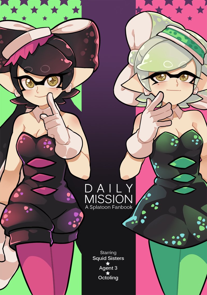 +_+ 2girls aori_(splatoon) black_jumpsuit closed_mouth commentary cousins cover cover_page cowboy_shot detached_collar domino_mask doujin_cover dress earrings english eyebrows_visible_through_hair food food_on_head gloves green_legwear hotaru_(splatoon) jewelry light_smile long_hair looking_at_viewer mask mole mole_under_eye multiple_girls object_on_head pointy_ears purple_legwear short_hair short_jumpsuit smile splatoon splatoon_1 standing strapless strapless_dress sushi tentacle_hair white_gloves wong_ying_chee