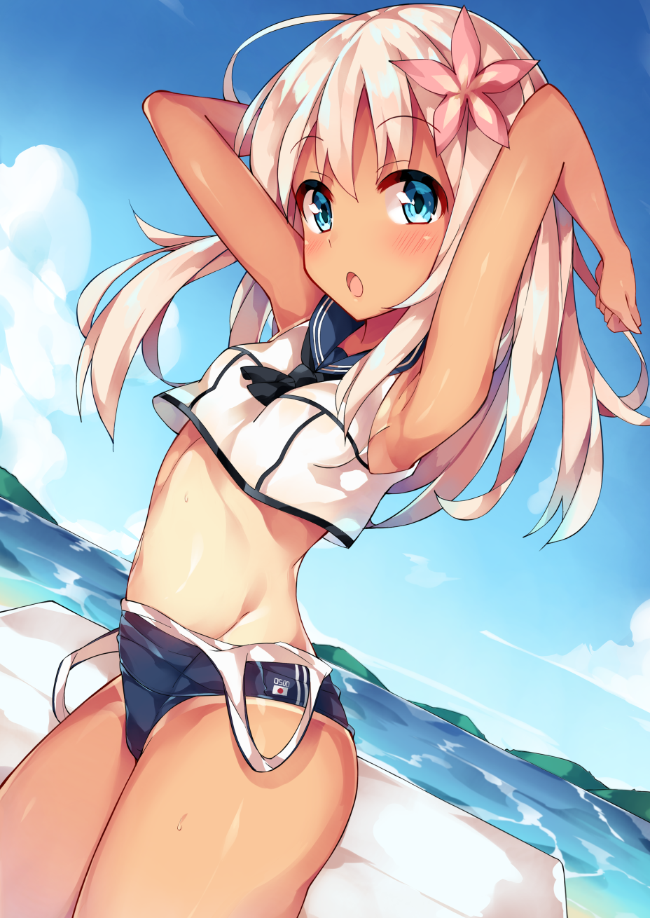 1girl :o animal_ears arched_back armpits arms_up bangs black_neckwear blonde_hair blue_eyes blue_sky blush breasts character_name clouds cowboy_shot crop_top dark_skin day dutch_angle eyebrows_visible_through_hair flower hair_flower hair_ornament highres horizon kantai_collection long_hair long_sleeves navel neckerchief ocean one-piece_swimsuit one-piece_tan open_mouth outdoors ro-500_(kantai_collection) sailor_collar school_swimsuit shiny shiny_hair sky sleeveless small_breasts solo standing stomach strap_slip swimsuit tan tanline tareme thighs unacchi_(nyusankin) water