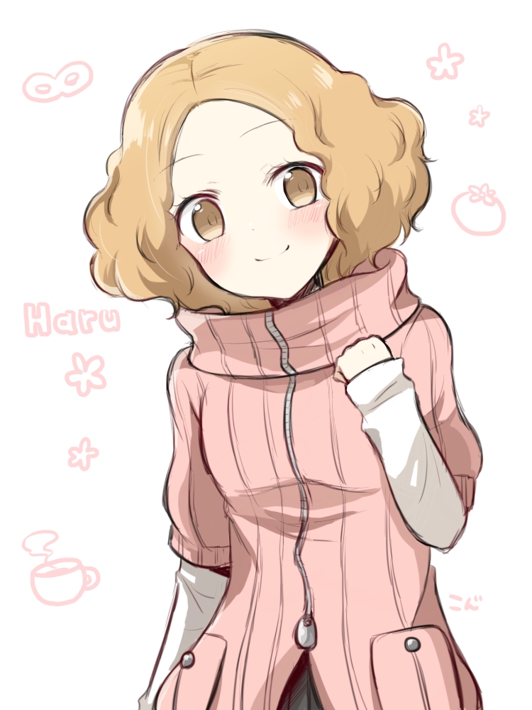 1girl atlus blush brown_eyes brown_hair character_name cup cute domino_mask mask megami_tensei moe nyoro_desu okumura_haru persona persona_5 pink_sweater ribbed_sweater shin_megami_tensei short_hair smile solo sweater teacup tomato