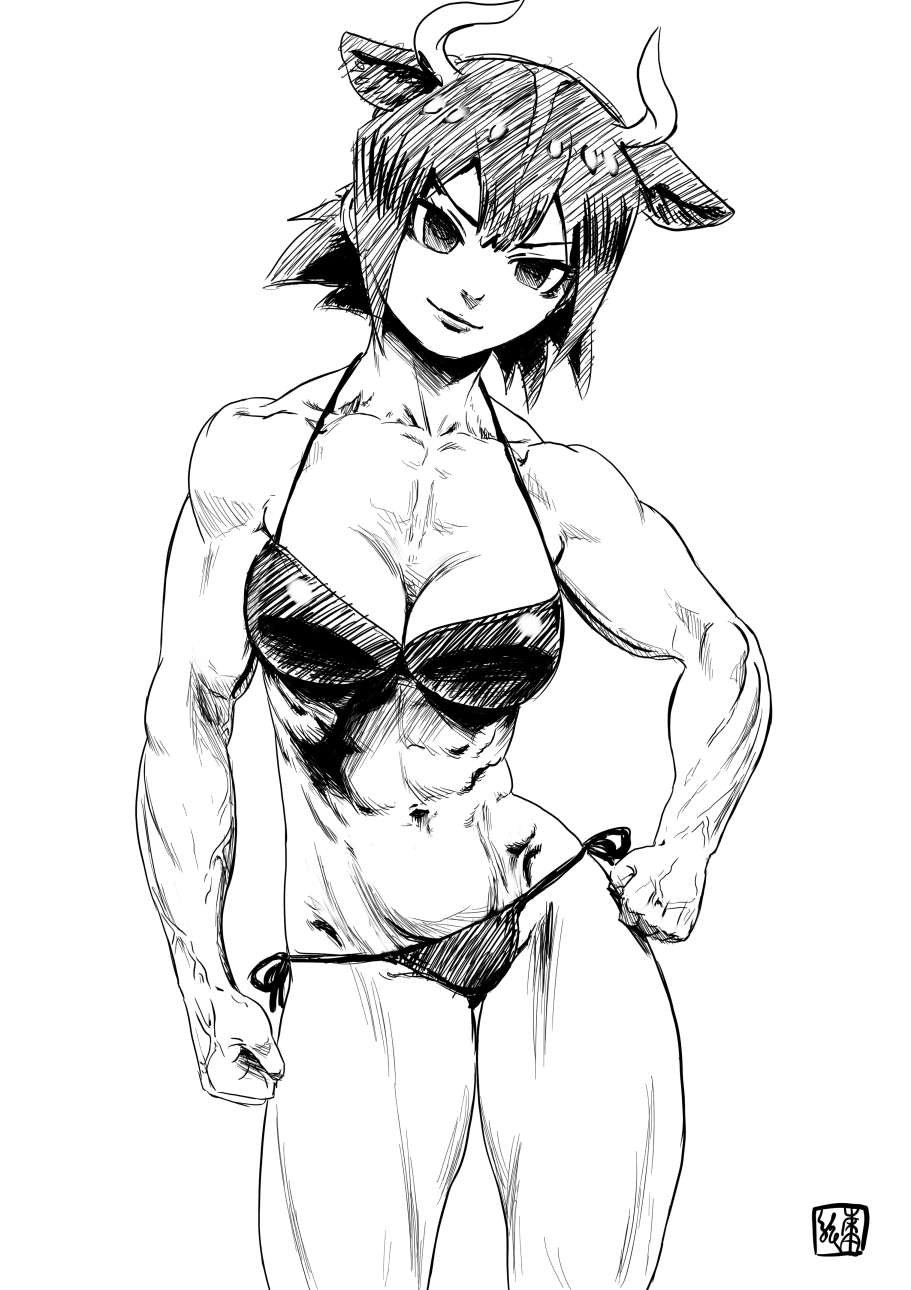&gt;:) 1girl abs animal_ears arm_at_side aurochs_(kemono_friends) bare_arms bare_legs bare_shoulders bikini breasts cleavage clenched_hands closed_mouth collarbone cowboy_shot greyscale hand_on_hip head_tilt highres hips horns kemono_friends kishida_shiki lips medium_breasts monochrome muscle muscular_female navel oryx_ears short_hair side-tie_bikini side-tie_bottom simple_background smile solo standing stomach swimsuit veins