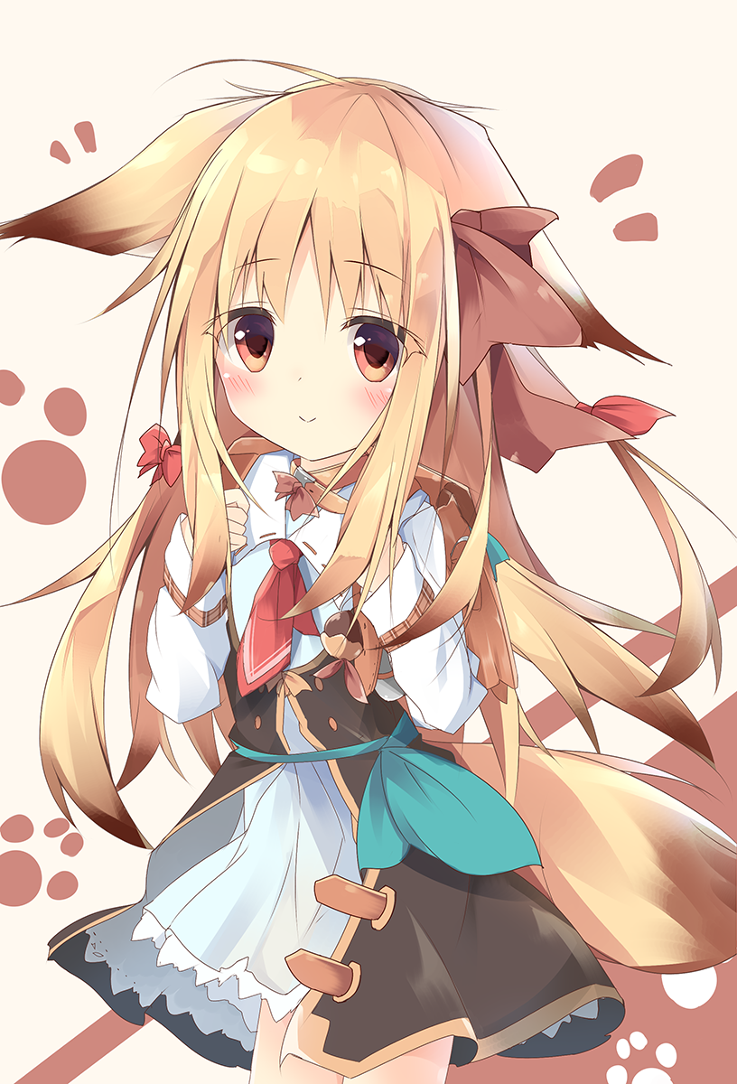 1girl :&gt; animal_ears backpack bag bangs black_coat blonde_hair bow brown_background brown_eyes brown_ribbon closed_mouth collared_dress commentary_request cowboy_shot dress ears_down eyebrows_visible_through_hair fox_ears fox_girl fox_tail hair_bow hair_ribbon highres holding kushida_you long_hair long_sleeves looking_at_viewer original paw_background red_ribbon ribbon smile solo tail two-tone_background very_long_hair white_background white_dress