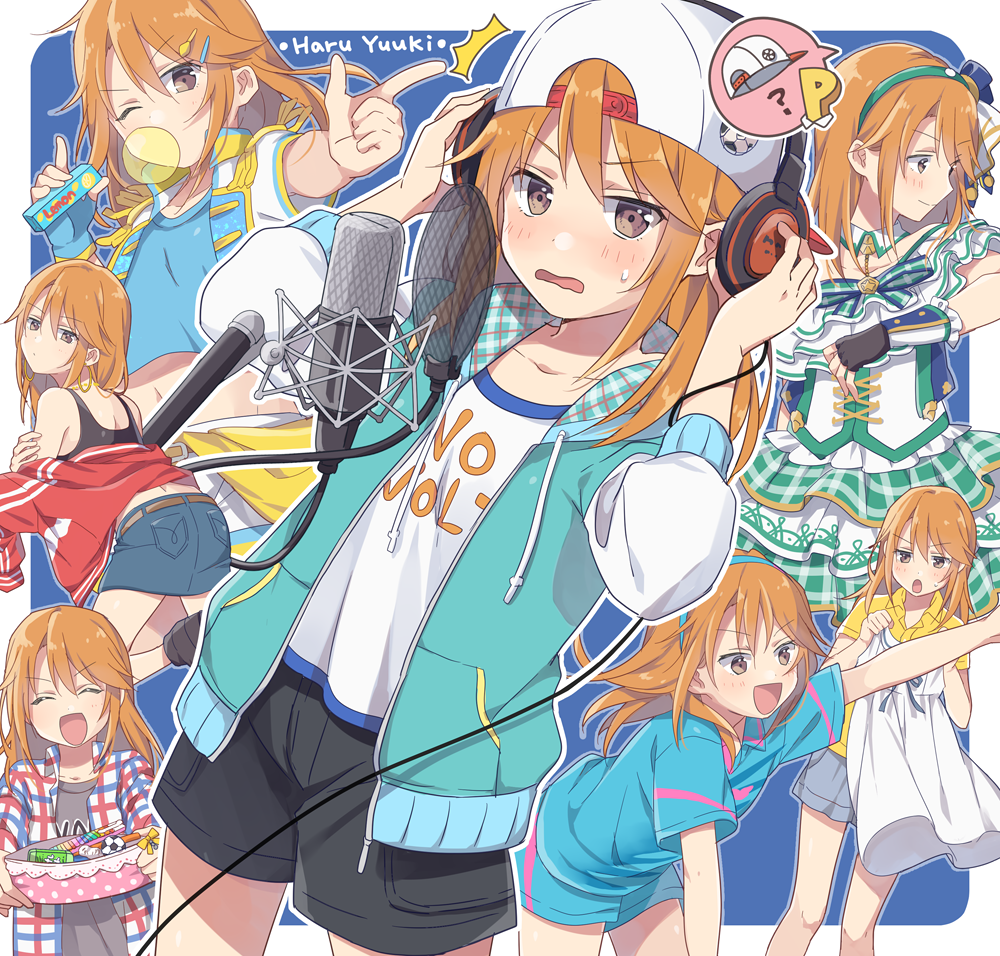 /\/\/\ 1girl :d :o ? adjusting_headphones aqua_jacket arm_support backwards_hat ball bangs baseball_cap belt black_footwear black_shorts black_tank_top blue_background blue_shirt blue_shorts blush bow brown_eyes bubble_blowing character_name chewing_gum closed_eyes closed_mouth clothes_writing collarbone collared_shirt crop_top cropped_jacket cross-laced_clothes denim denim_skirt detached_collar dress eraser eyebrows_visible_through_hair fingerless_gloves from_behind gloves green_bow green_skirt grey_shirt grey_shorts hair_between_eyes hair_ornament hairband hairclip hands_on_headphones hat headphones headphones_removed holding holding_basket holding_candy holding_dress hood hood_down hooded_jacket idolmaster idolmaster_cinderella_girls jacket jitome leaning_forward long_hair looking_at_viewer looking_back looking_to_the_side microphone mini_hat mini_top_hat miniskirt multiple_views one_eye_closed open_clothes open_jacket open_mouth orange_hair outline outstretched_arm outstretched_arms p-head_producer pencil plaid plaid_jacket plaid_skirt pointing popped_collar red_jacket removing_jacket riku_(melty_drop) shirt shoes short_sleeves shorts skirt skirt_set smile soccer_ball speech_bubble sportswear standing studio_microphone sundress sweatdrop tank_top top_hat undressing v-shaped_eyebrows vest wavy_mouth white_dress white_jacket white_shirt white_shorts white_vest wing_collar yellow_bow yellow_shirt yuuki_haru