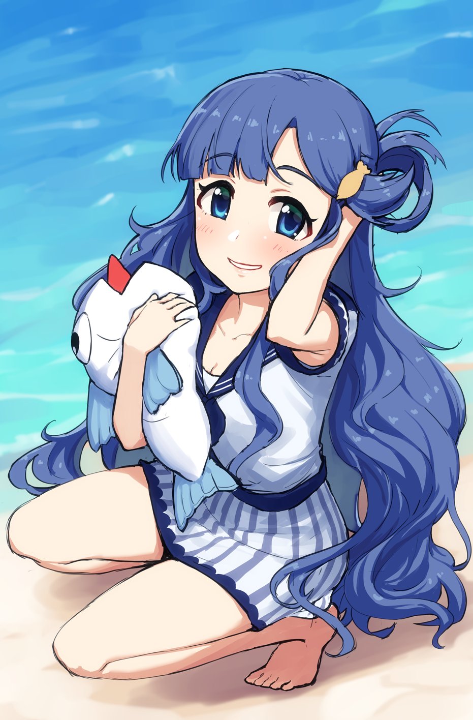 1girl adjusting_hair asari_nanami barefoot blue_eyes blue_hair blue_sailor_collar blush commentary_request dress feet fish_hair_ornament hair_ornament highres idolmaster idolmaster_cinderella_girls long_hair looking_at_viewer omaru_gyuunyuu sailor_dress skirt smile solo squatting striped striped_skirt stuffed_animal stuffed_fish stuffed_toy thighs water wavy_hair white_dress