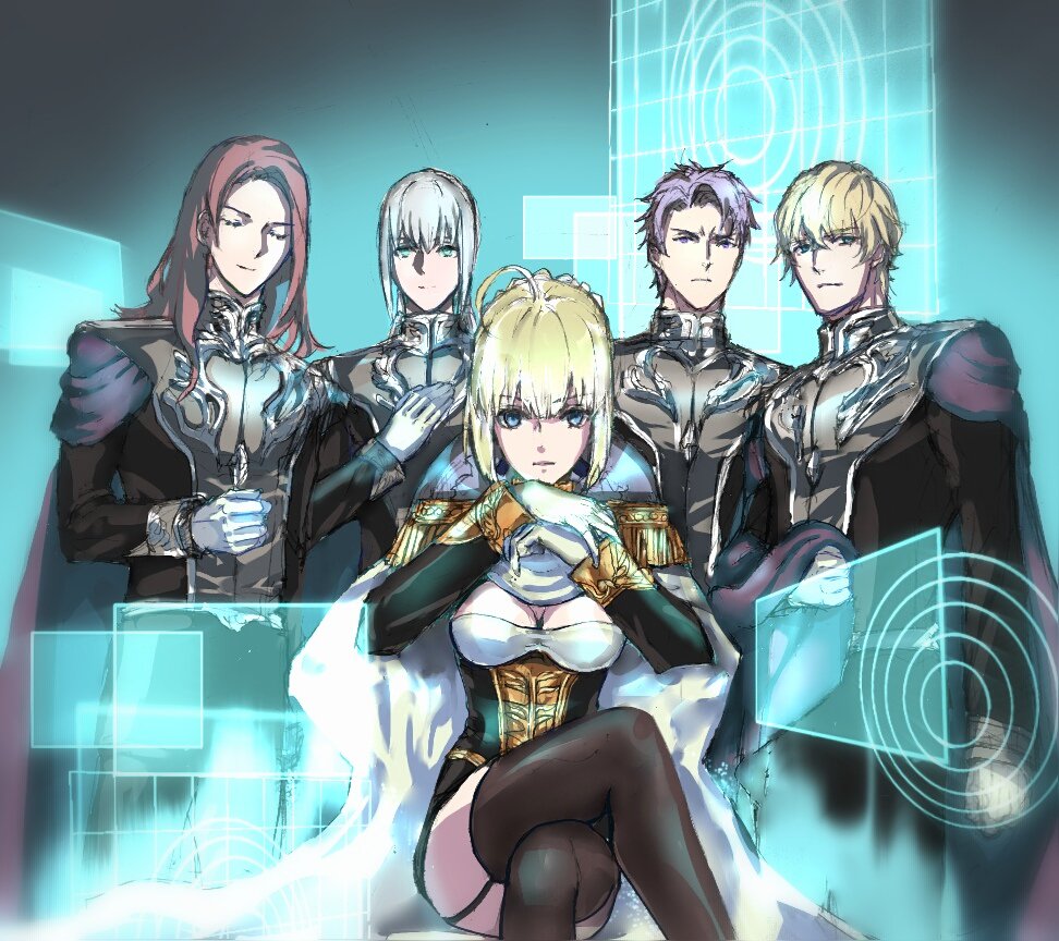 1girl 4boys artoria_pendragon_(all) bedivere braid cape epaulettes fate/extra fate/grand_order fate/stay_night fate_(series) french_braid galactic_empire_(gin'eiden) gawain_(fate/extra) ginga_eiyuu_densetsu gloves golden_wings_(fate/grand_order) hand_on_own_chest holographic_interface knights_of_the_round_table_(fate) lancelot_(fate/grand_order) legs_crossed looking_at_viewer multiple_boys nodo_goshisawayaka saber sitting thigh-highs tristan_(fate/grand_order) white_gloves