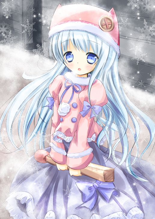1girl :o animal_hat bangs blue_bow blue_eyes blue_hair blue_ribbon blush bow breath cat_hat cold commentary_request dress eyebrows_visible_through_hair frilled_jacket frills fur-trimmed_hat fur-trimmed_jacket fur_trim hat holding jacket juliet_sleeves little_match_girl long_hair long_sleeves matchstick original outdoors oversized_object parted_lips pink_hat pink_jacket pom_poms puffy_sleeves purple_bow purple_dress ribbon shihou_haru snow snowflakes snowing solo v_arms very_long_hair