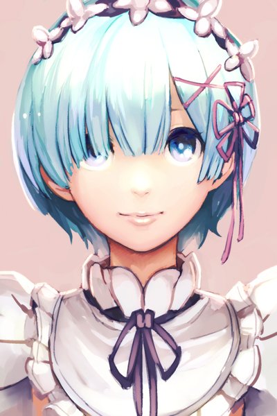 1girl bangs blue_eyes blue_hair blunt_bangs closed_mouth hair_ornament hair_over_one_eye hairclip hankuri looking_at_viewer maid maid_headdress neck_ribbon pink_background re:zero_kara_hajimeru_isekai_seikatsu rem_(re:zero) ribbon short_hair simple_background smile solo upper_body x_hair_ornament