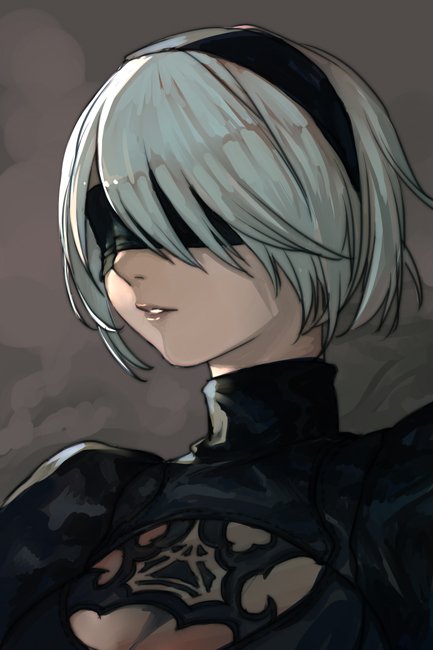 1girl black_dress blindfold cleavage_cutout covered_eyes dress facing_viewer hairband hankuri juliet_sleeves long_sleeves nier_(series) nier_automata parted_lips portrait puffy_sleeves short_hair silver_hair solo upper_body yorha_no._2_type_b