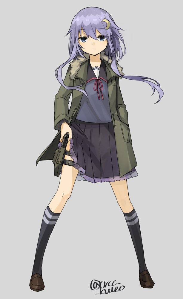 1girl black_legwear black_sailor_collar black_serafuku black_skirt blue_eyes blue_shirt coat crescent crescent_hair_ornament full_body gun hair_ornament kantai_collection kneehighs pleated_skirt purple_hair school_uniform serafuku shirt short_hair short_hair_with_long_locks skirt solo twitter_username weapon yamashiki_(orca_buteo) yayoi_(kantai_collection)