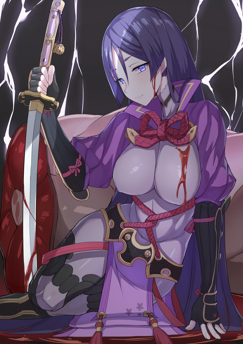 1girl bangs blood bodysuit breasts fate/grand_order fate_(series) fingerless_gloves gloves highres holding holding_sword holding_weapon k_jin katana large_breasts long_hair looking_at_viewer minamoto_no_raikou_(fate/grand_order) purple_hair ribbed_sleeves sitting solo sword very_long_hair violet_eyes weapon