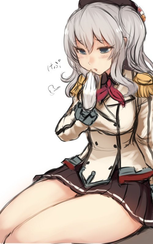 1girl beret black_miniskirt blue_eyes blush breasts epaulettes frilled_sleeves frills gloves hat jacket kantai_collection kashima_(kantai_collection) kerchief large_breasts long_sleeves military military_uniform miniskirt parted_lips pleated_skirt sidelocks silver_hair sitting skirt solo twintails uniform utopia wavy_hair white_gloves white_jacket