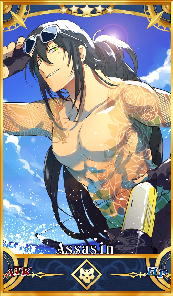 1boy black_gloves black_hair card_parody eyewear_on_head fate/grand_order fate_(series) fingerless_gloves gloves green_eyes lens_flare male_focus male_swimwear ororooops servant_card_(fate/grand_order) smile solo sunglasses swim_trunks swimwear tattoo yan_qing_(fate/grand_order)