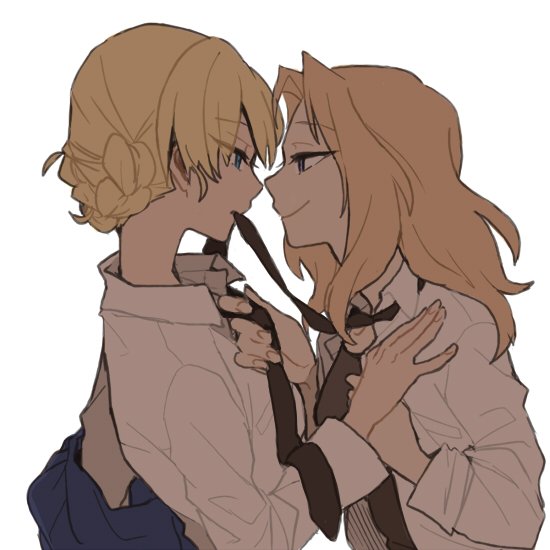 2girls blonde_hair blue_eyes braid darjeeling dress_shirt french_braid girls_und_panzer hand_on_another's_shoulder kay_(girls_und_panzer) long_hair loose_necktie mouth_hold multiple_girls necktie necktie_grab neckwear_grab partially_undressed ree_(re-19) shirt smile upper_body white_background yuri