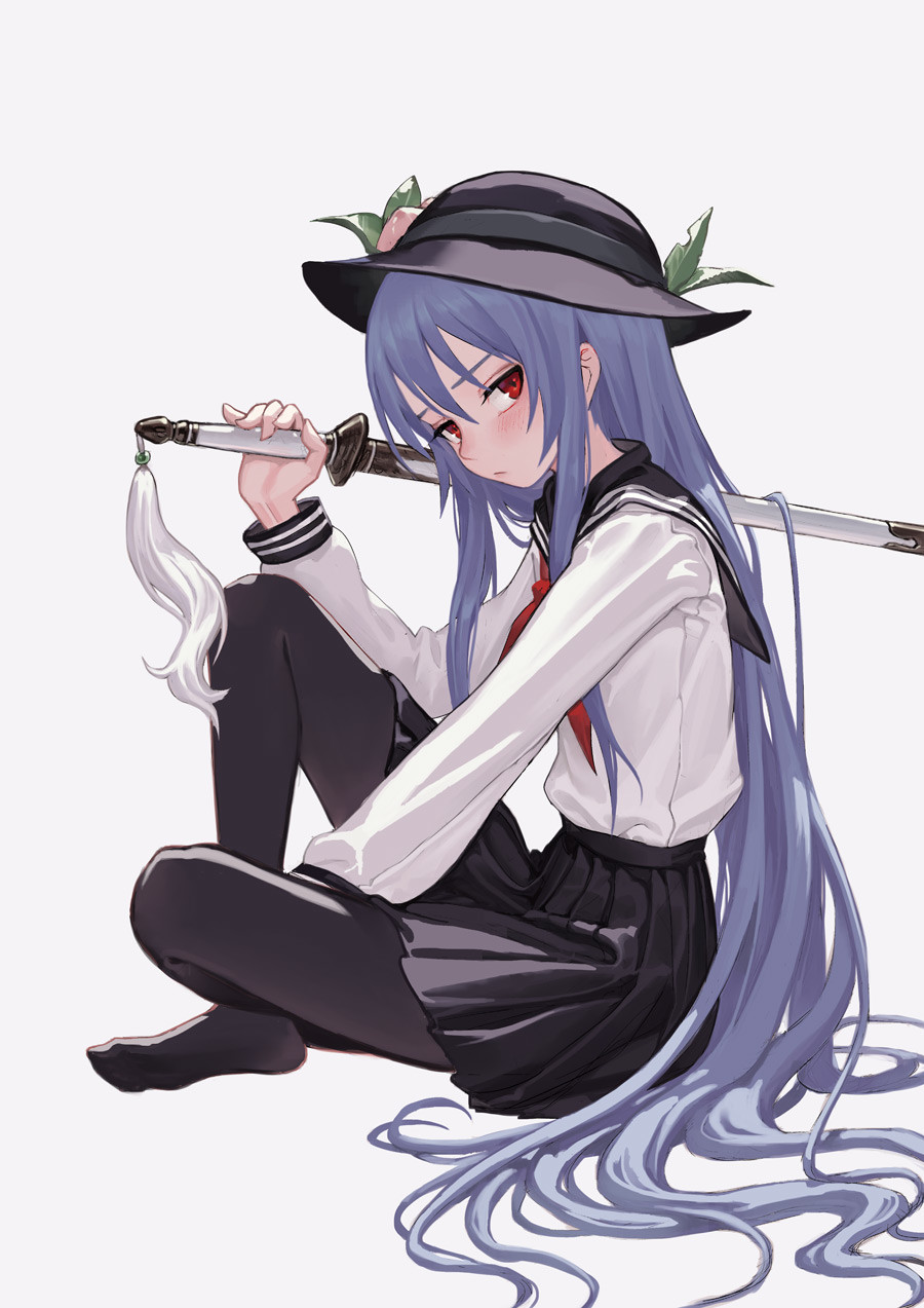 1girl alternate_costume between_legs black_hat black_legwear black_skirt blue_hair blush closed_mouth expressionless fkey food from_side fruit full_body grey_background hand_between_legs hat highres hinanawi_tenshi holding holding_sword holding_weapon indian_style knees_up leaf long_hair long_sleeves looking_at_viewer looking_to_the_side medium_skirt neckerchief no_shoes pantyhose peach pleated_skirt red_eyes red_neckwear school_uniform serafuku simple_background sitting skirt solo sword tassel touhou tsurime very_long_hair weapon