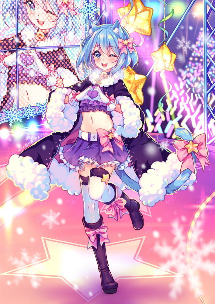 1girl ;d animal_ears artist_name balloon bangs bell bell_choker belt black_coat black_footwear blue_eyes blue_hair blurry_foreground blush boots borrowed_character bow cat_ears cat_tail choker coat commission crop_top eyebrows_visible_through_hair frilled_skirt frills full_body fur-trimmed_coat fur-trimmed_sleeves fur_collar fur_trim glint gloves glowstick hair_bow heart heart_hands hyanna-natsu indoors jingle_bell knee_boots leg_up long_sleeves one_eye_closed open_clothes open_coat open_mouth original pink_bow purple_skirt screen shiny shiny_hair short_hair skirt smile snowflakes solo stage standing standing_on_one_leg star tail tail_bow teeth thigh-highs upper_teeth white_gloves white_legwear wide_sleeves winter_clothes winter_coat zettai_ryouiki