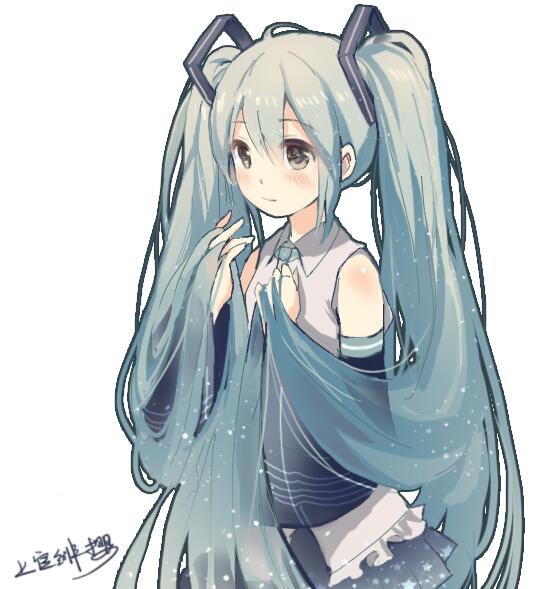 1girl alternate_hair_color bangs blue_hair blue_neckwear blush brown_eyes closed_mouth collared_shirt detached_sleeves eyebrows_visible_through_hair grey_shirt hair_between_eyes hands_in_hair hatsune_miku light_smile long_hair necktie shangguan_feiying shirt signature simple_background sleeveless sleeveless_shirt smile solo twintails upper_body very_long_hair vocaloid white_background wide_sleeves wing_collar