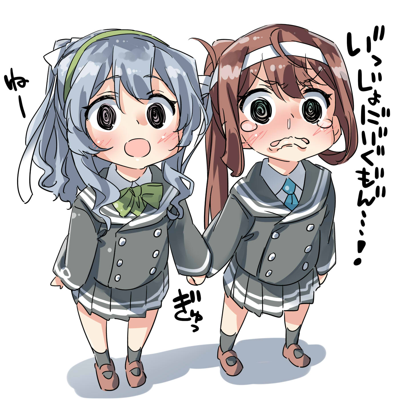 2girls @_@ ahoge asagumo_(kantai_collection) bangs black_legwear blue_eyes blush bow bowtie brown_footwear brown_hair commentary_request ebifurya eyebrows_visible_through_hair full_body green_neckwear hairband hand_holding highres kantai_collection long_hair long_sleeves looking_at_viewer mary_janes multiple_girls open_mouth pleated_skirt ponytail school_uniform serafuku shoes sidelocks simple_background skirt snot socks standing tears white_background yamagumo_(kantai_collection)