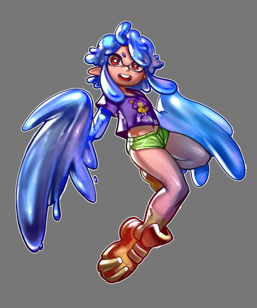 1girl amano-g ankle_boots blue_hair boots flat_chest full_body fusion grey_background harpy inkling monster_girl monster_musume_no_iru_nichijou papi_(monster_musume) pointy_ears shirt short_hair_with_long_locks short_shorts shorts solo splatoon symbol-shaped_pupils t-shirt