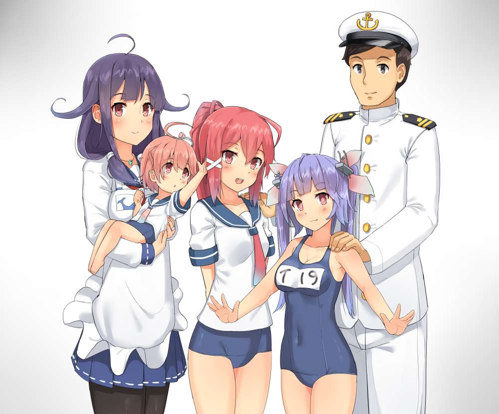 1boy 1girl 4girls :3 :d admiral_(kantai_collection) ahoge anchor_symbol apron arm_behind_back arm_up bangs bare_arms bare_legs bare_shoulders barefoot black_legwear blue_hair blue_skirt blue_swimsuit blunt_bangs blush breasts brown_eyes brown_hair buttons character_name child cleavage closed_mouth collarbone competition_school_swimsuit covered_navel cowboy_shot eyebrows_visible_through_hair flower-shaped_pupils gloves gradient gradient_background grey_background hair_between_eyes hair_flaps hair_ornament hair_over_shoulder hair_ribbon hand_on_another's_head hand_on_another's_shoulder hat headgear i-168_(kantai_collection) i-19_(kantai_collection) i-58_(kantai_collection) jewelry kantai_collection long_hair long_sleeves low-tied_long_hair low_twintails magatama medium_breasts military military_hat military_uniform multiple_girls name_tag naval_uniform neckerchief necklace one-piece_swimsuit open_mouth pants pantyhose peaked_cap pendant pink_eyes pink_hair pink_ribbon pleated_skirt ponytail purple_hair red_eyes redhead ribbon sailor_collar school_swimsuit school_uniform serafuku shirt short_hair short_sleeves simple_background skin_tight skirt smile soil_chopsticks spread_fingers standing swimsuit swimsuit_under_clothes symbol-shaped_pupils taigei_(kantai_collection) tri_tails twintails uniform white_apron white_gloves white_hat white_pants white_shirt x_hair_ornament younger