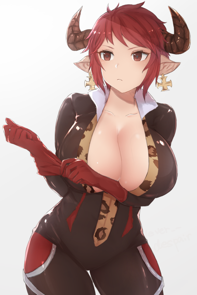 1girl adjusting_clothes adjusting_gloves black_bodysuit bodysuit breasts brown_eyes closed_mouth collarbone commentary_request contrapposto cowboy_shot cross cross_earrings earrings elbow_gloves gloves granblue_fantasy grey_background horns jewelry large_breasts leopard_print long_hair moshoko_(mizuneroku) pointy_ears red_gloves redhead shiny shiny_clothes short_hair simple_background skin_tight solo standing sturm_(granblue_fantasy) tsurime v-shaped_eyebrows