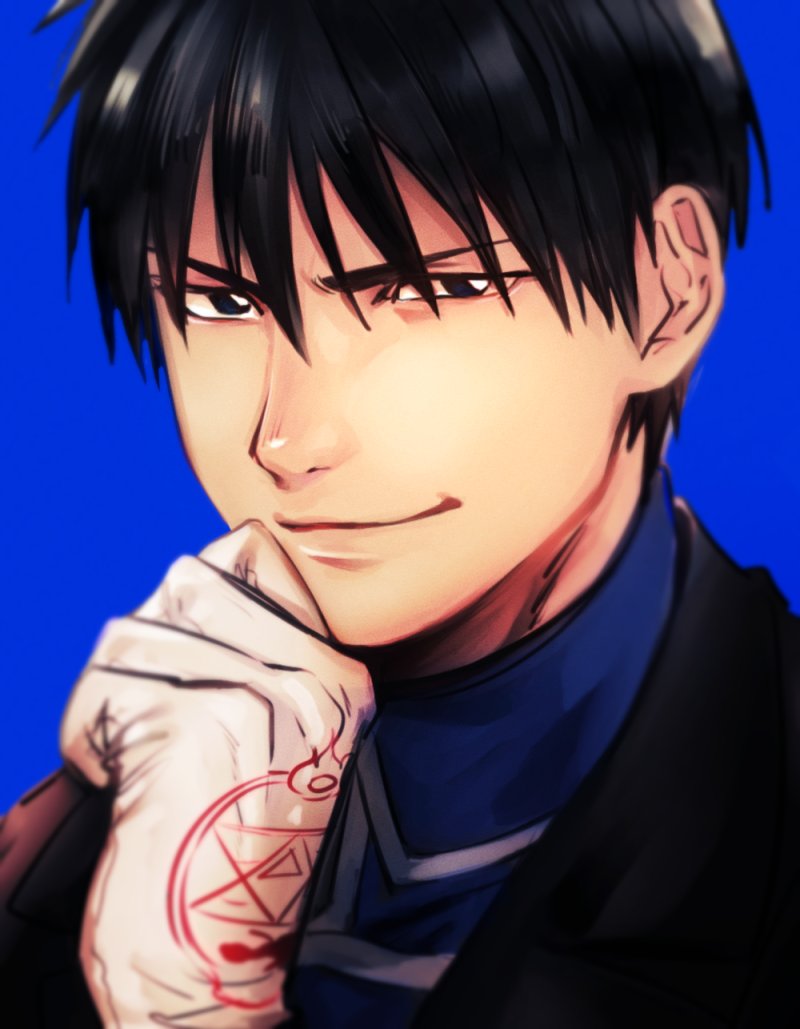1boy black_eyes black_hair blue_background coat fullmetal_alchemist gloves hand_on_own_chin looking_at_viewer makaron611 male_focus military military_uniform roy_mustang short_hair simple_background smile uniform
